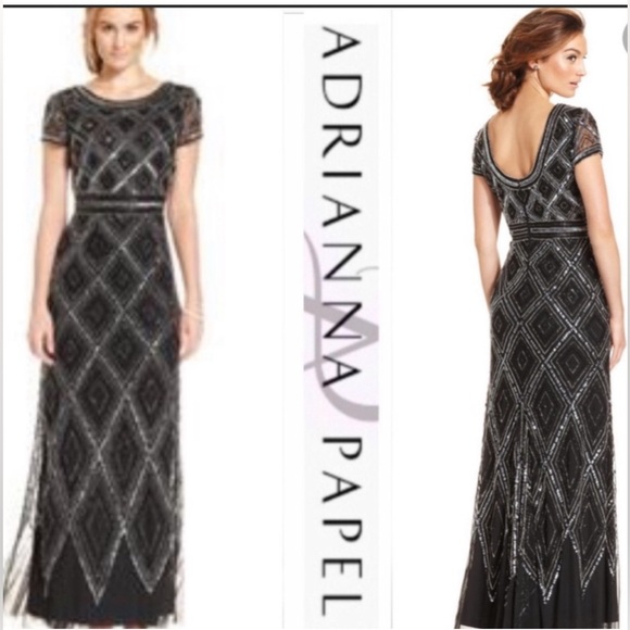 NWT Adrianna Papell Art Deco Diamond Beaded Evening Gown with Cap Sleeves - Picture 13 of 14